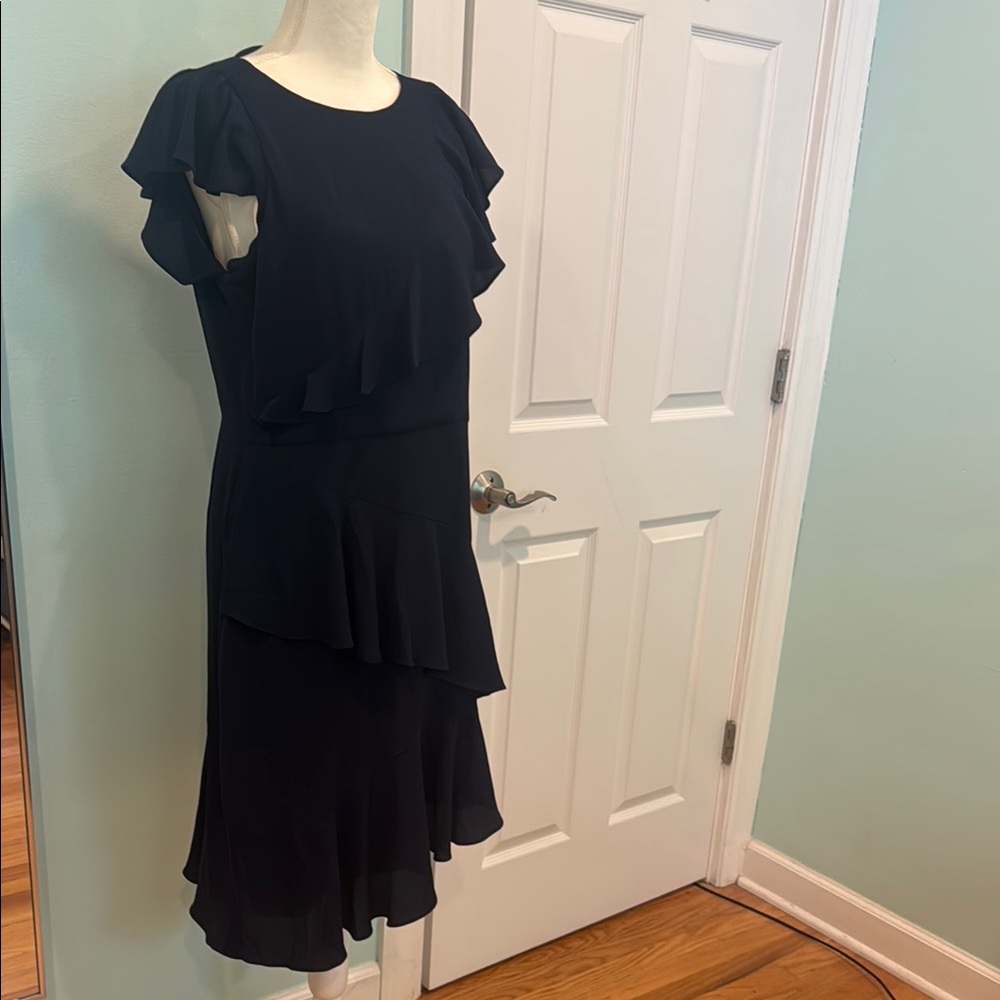 Maggy London Navy Blue Asymmetrical Sundress with Flutter Sleeves